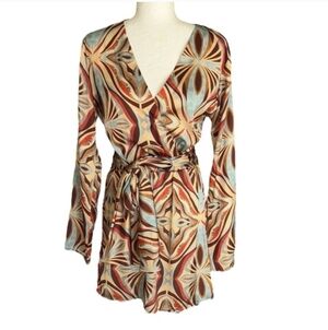 Zara Geometric Print Satin Wrap Tie Waist Mini Dress NWT Size Large